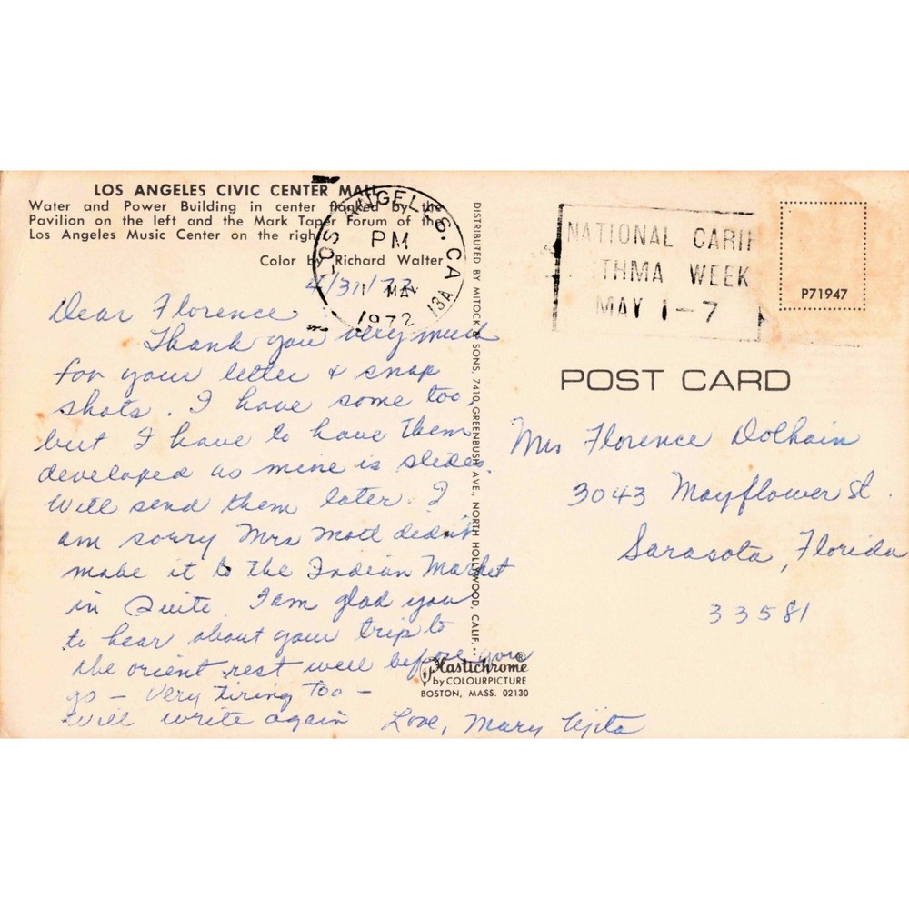Vtg Los Angeles Civic Center Mall Postcard 1972 Postmark Plastichrome Richard - Picture 2 of 2